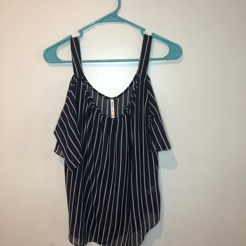 DNA Couture off the shoulder white and blue top